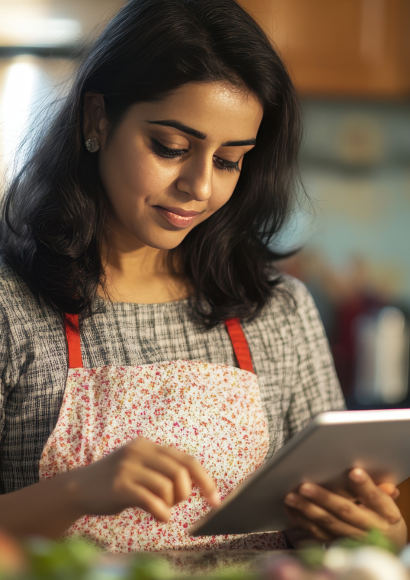 Female entrepreneur using a tablet to manage her business and implement digital marketing strategies.