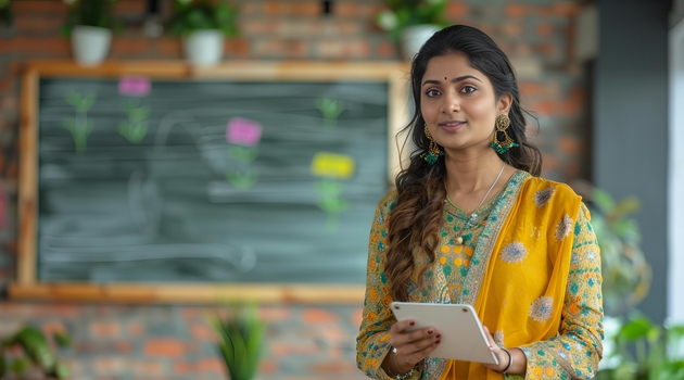 Smiling woman educator using a tablet in a classroom, representing digital growth for creative skills and online learning businesses.